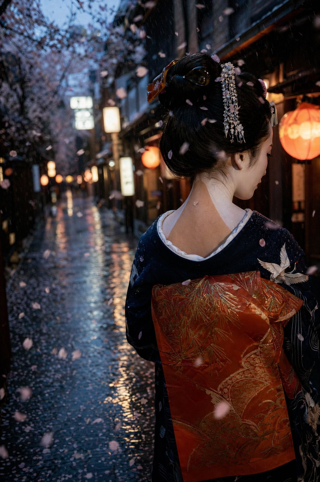 KI-Editorial: Maiko im Kimono in einer Kyoto-Gasse bei Regen